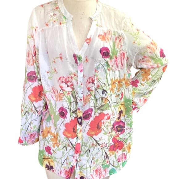 Pure Energy Button-Down Blouse Cotton Floral Print Plus Sz 1 # 66M - Picture 1 of 9